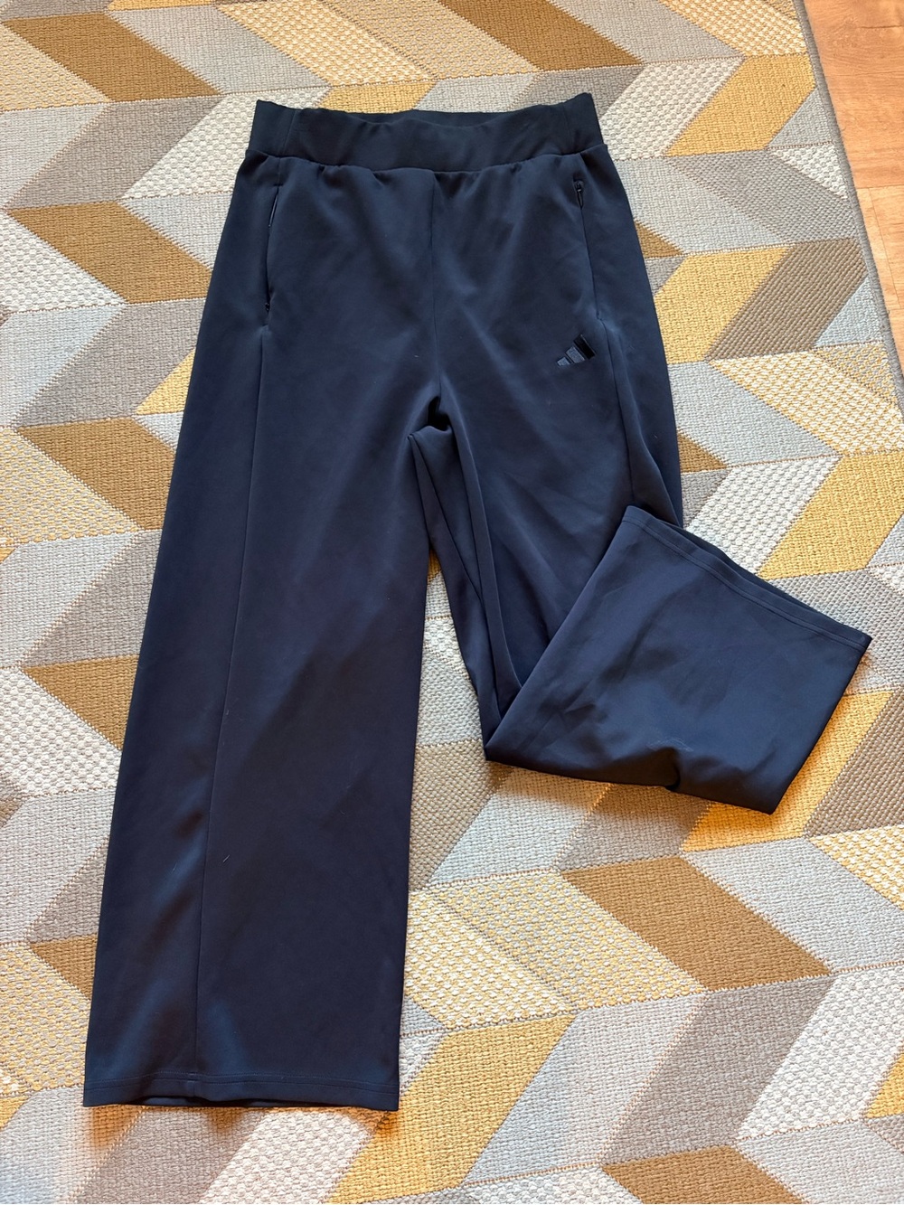 Adidas Black Wide Leg Athletic Track Pants with Zipper Pockets, Size L